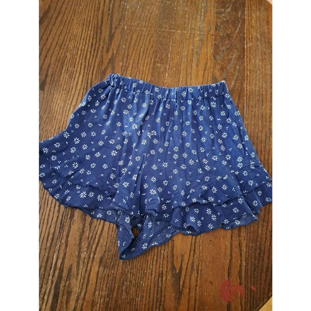 Medium Luxe Blue White Floral Elastic Waist Rayon Short Summer Shorts